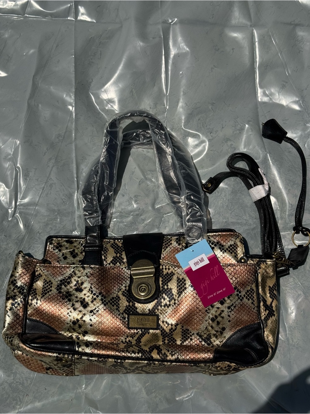 Gigi Hill Snake-Print Metallic Satchel Bag - Brown/Tan